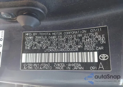 2011 Toyota Prius Three z USA, uszkodzony, nr VIN JTDKN3DU4B0320028